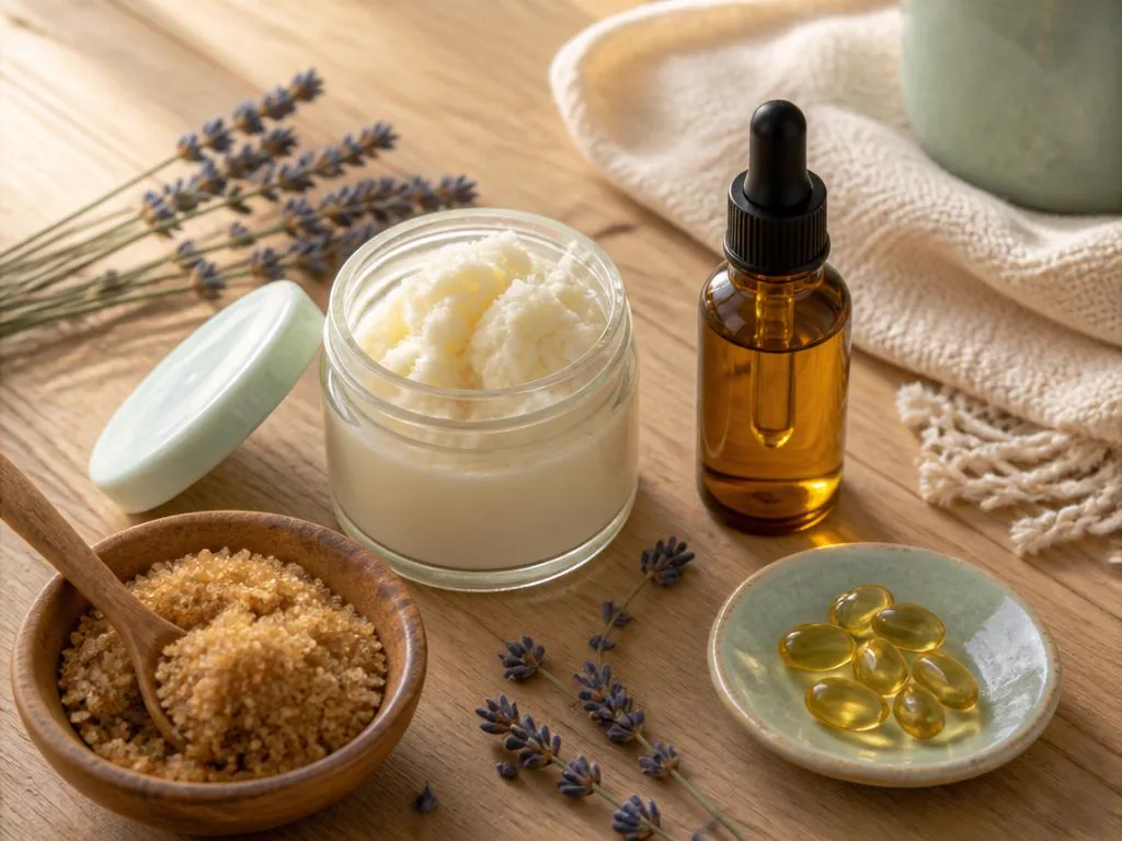 Natural body care ingredients: shea butter, coconut oil, brown sugar, vitamin E, and lavender